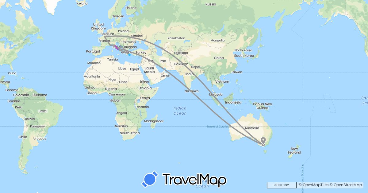 TravelMap itinerary: driving, bus, plane, train, boat in Australia, France, Greece, Croatia, Italy (Europe, Oceania)